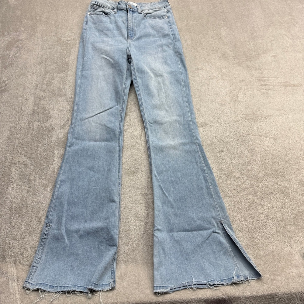 Just Black Denim Flare Jeans Womens 28 Light Wash Blue Denim Side Slit 70s Boho